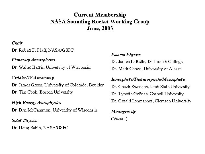 Current Membership NASA Sounding Rocket Working Group June, 2003 Chair Dr. Robert F. Pfaff,
