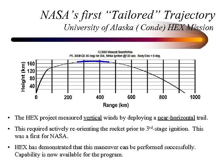 NASA’s first “Tailored” Trajectory University of Alaska ( Conde) HEX Mission • The HEX