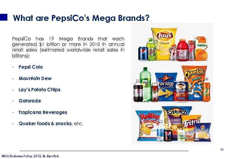 What are Pepsi. Co’s Mega Brands? Pepsi. Co has 19 Mega Brands that each