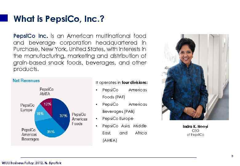 What is Pepsi. Co, Inc. ? Pepsi. Co Inc. is an American multinational food