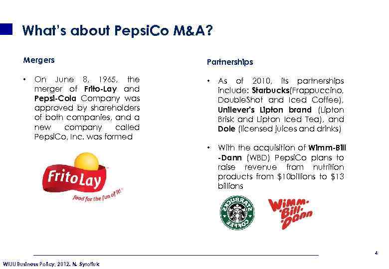 What’s about Pepsi. Co M&A? Mergers • On June 8, 1965, the merger of