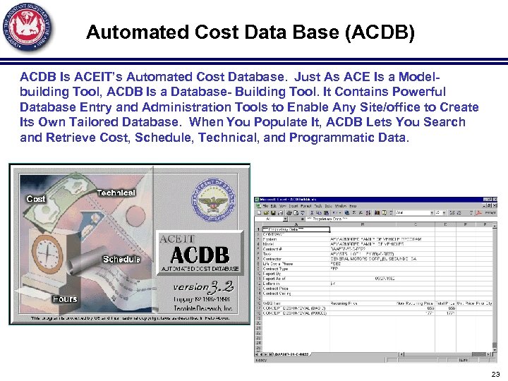 Automated Cost Data Base (ACDB) ACDB Is ACEIT’s Automated Cost Database. Just As ACE