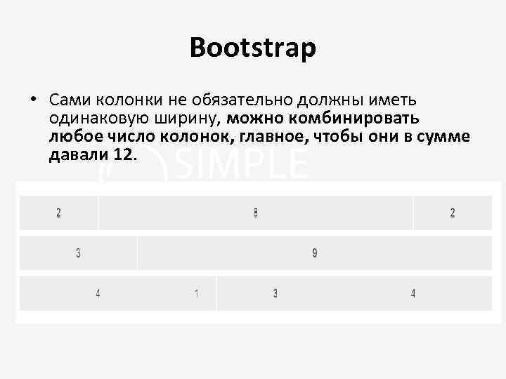 Bootstrap • Сами колонки не обязательно должны иметь одинаковую ширину, можно комбинировать любое число