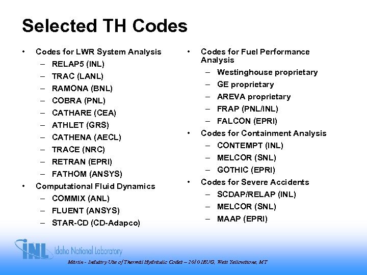 Selected TH Codes • • Codes for LWR System Analysis – RELAP 5 (INL)
