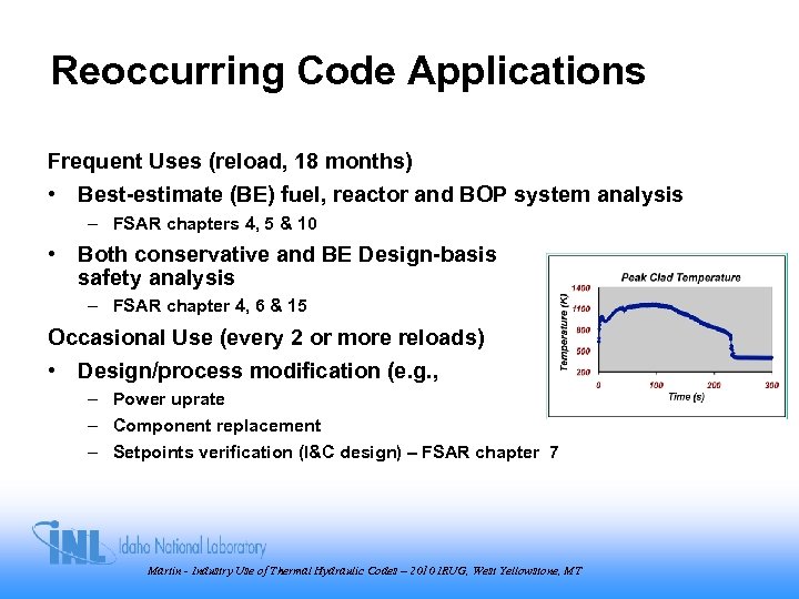 Reoccurring Code Applications Frequent Uses (reload, 18 months) • Best-estimate (BE) fuel, reactor and
