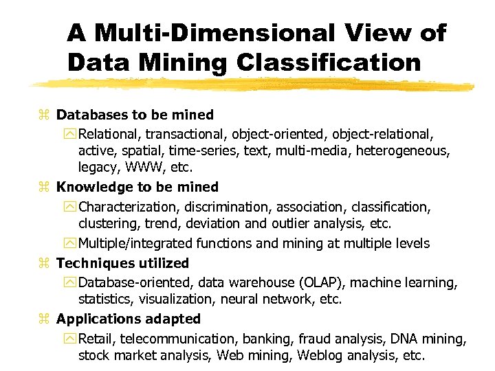 A Multi-Dimensional View of Data Mining Classification z Databases to be mined y Relational,