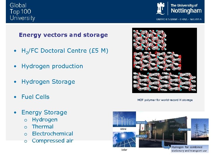 Energy vectors and storage • H 2/FC Doctoral Centre (£ 5 M) • Hydrogen