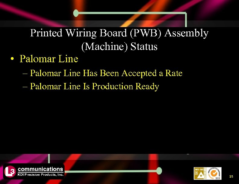 Printed Wiring Board (PWB) Assembly (Machine) Status • Palomar Line – Palomar Line Has