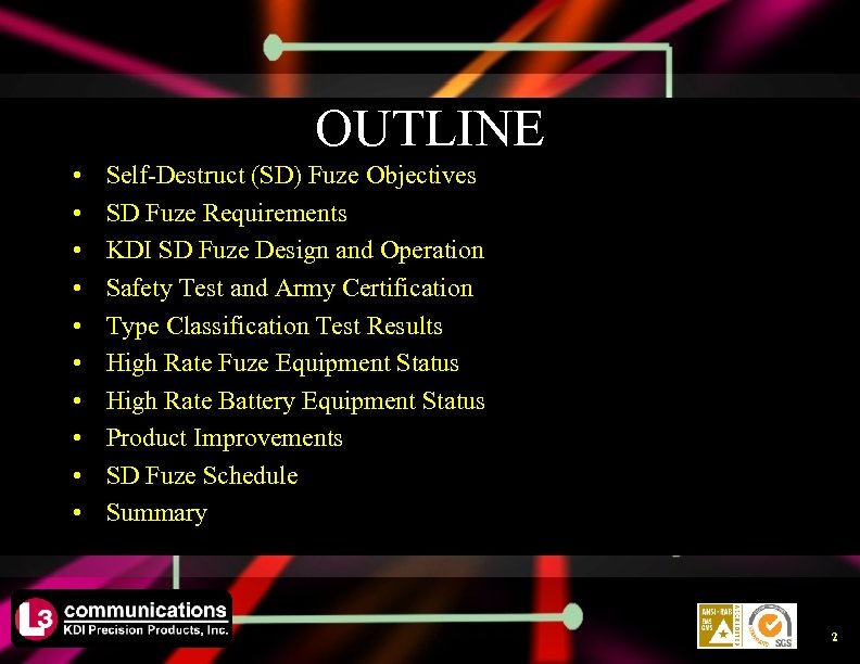 OUTLINE • • • Self-Destruct (SD) Fuze Objectives SD Fuze Requirements KDI SD Fuze