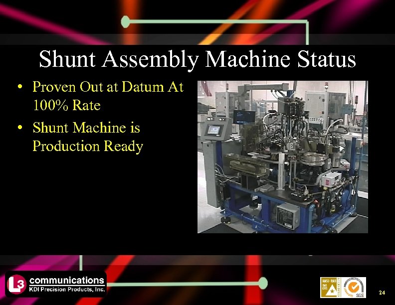 Shunt Assembly Machine Status • Proven Out at Datum At 100% Rate • Shunt