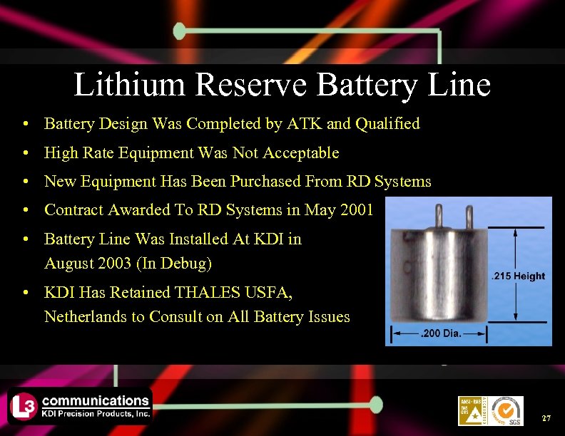 Lithium Reserve Battery Line • Battery Design Was Completed by ATK and Qualified •