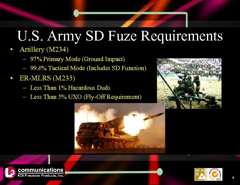 U. S. Army SD Fuze Requirements • Artillery (M 234) – 97% Primary Mode