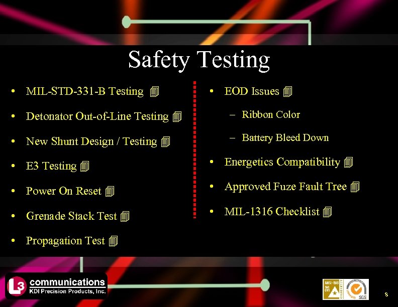 Safety Testing • MIL-STD-331 -B Testing • EOD Issues • Detonator Out-of-Line Testing –