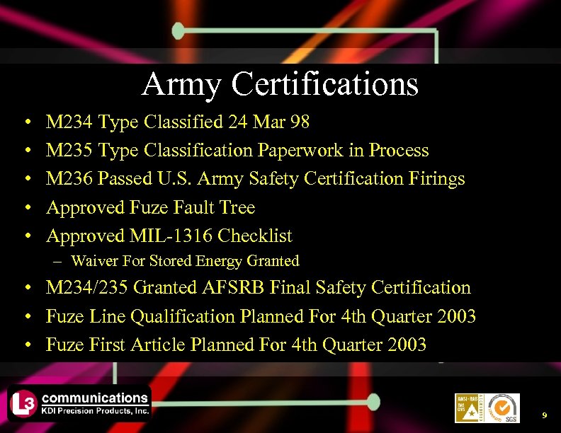 Army Certifications • • • M 234 Type Classified 24 Mar 98 M 235