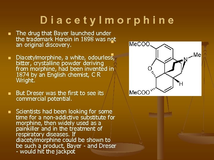 Diacetylmorphine n n The drug that Bayer launched under the trademark Heroin in 1898