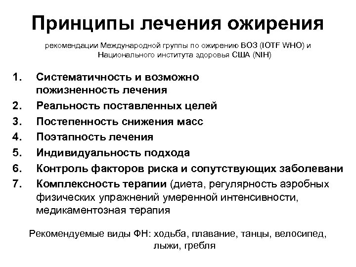 Принципы лечения ожирения рекомендации Международной группы по ожирению ВОЗ (IOTF WHO) и Национального института