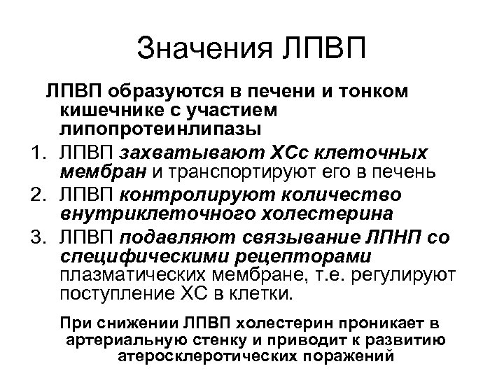 Значения ЛПВП образуются в печени и тонком кишечнике с участием липопротеинлипазы 1. ЛПВП захватывают