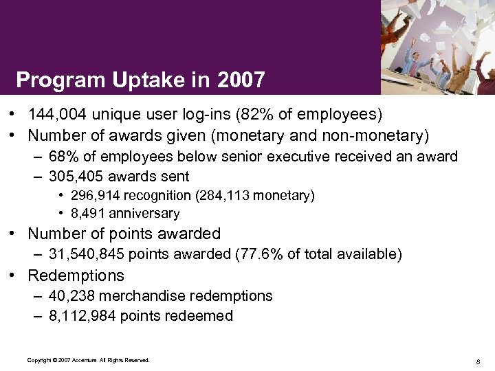 Program Uptake in 2007 • 144, 004 unique user log-ins (82% of employees) •