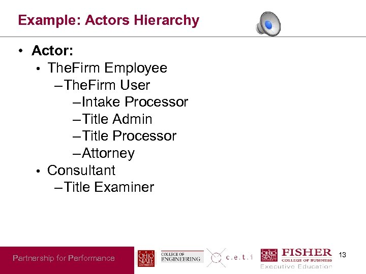 Example: Actors Hierarchy • Actor: • The. Firm Employee – The. Firm User –