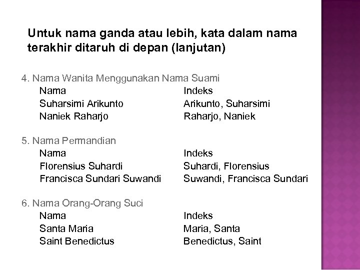 Untuk nama ganda atau lebih, kata dalam nama terakhir ditaruh di depan (lanjutan) 4.