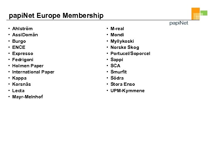 papi. Net Europe Membership • • • Ahlström Assi. Domän Burgo ENCE Expresso Fedrigoni