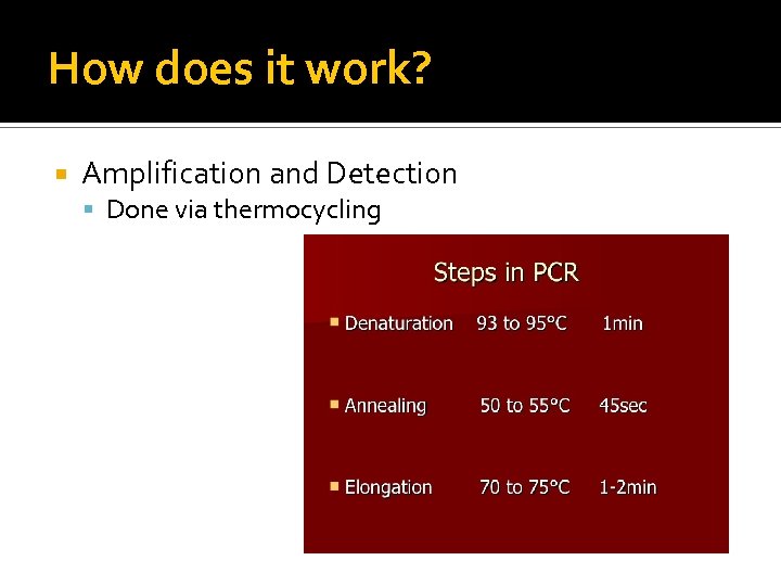 How does it work? Amplification and Detection Done via thermocycling 