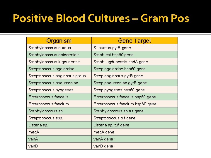 Positive Blood Cultures – Gram Pos Organism Gene Target Staphylococcus aureus S. aureus gyr.