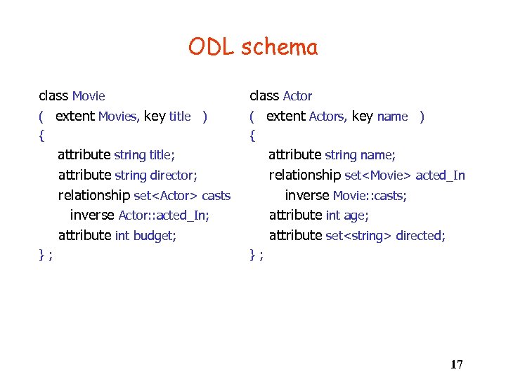 ODL schema class Movie ( extent Movies, key title ) class Actor ( extent