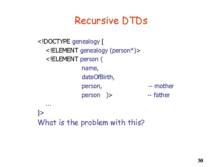 Recursive DTDs <!DOCTYPE genealogy [ <!ELEMENT genealogy (person*)> <!ELEMENT person ( name, date. Of.