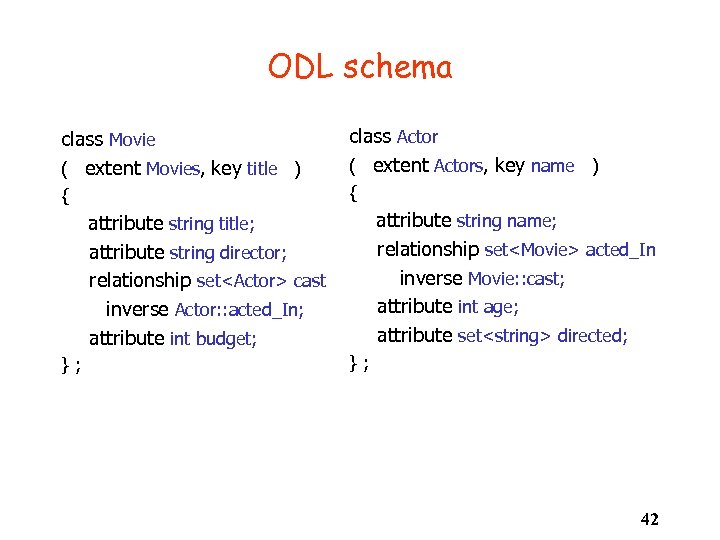 ODL schema class Movie ( extent Movies, key title ) class Actor ( extent
