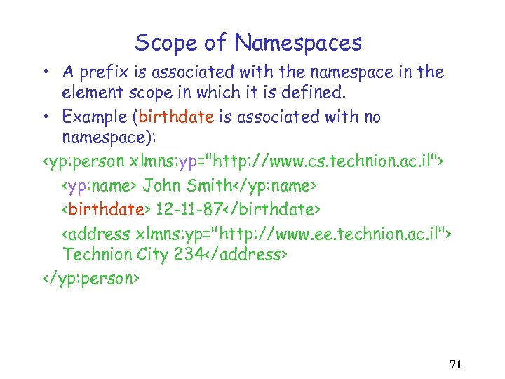 Scope of Namespaces • A prefix is associated with the namespace in the element