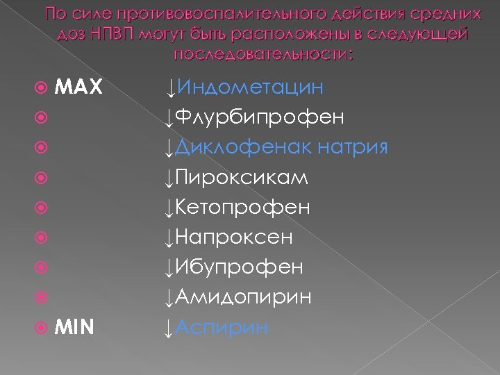 По силе противовоспалительного действия средних доз НПВП могут быть расположены в следующей последовательности: MAX