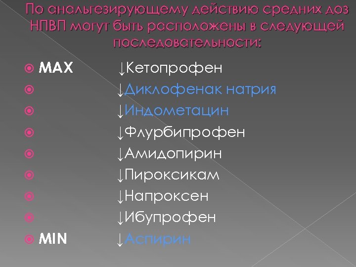 По анальгезирующему действию средних доз НПВП могут быть расположены в следующей последовательности: MAX MIN