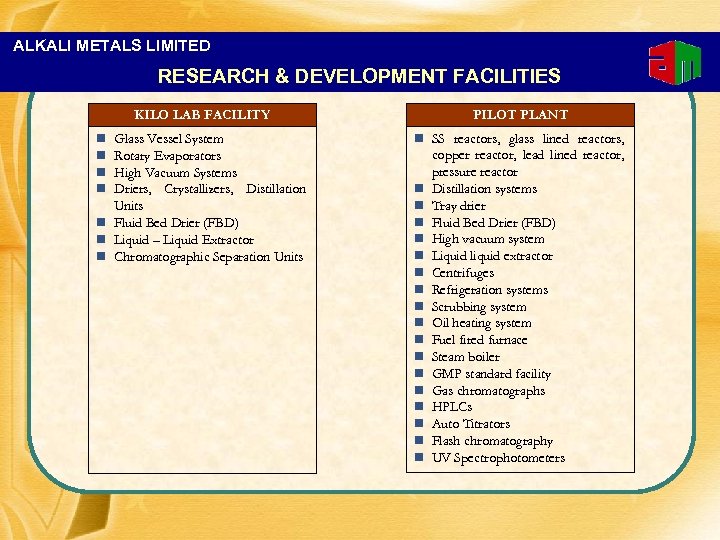 ALKALI METALS LIMITED RESEARCH & DEVELOPMENT FACILITIES KILO LAB FACILITY PILOT PLANT Glass Vessel