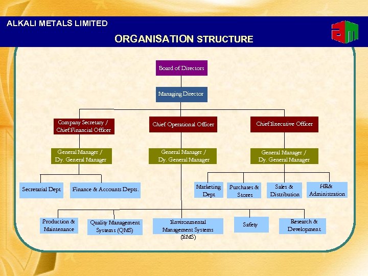 ALKALI METALS LIMITED ORGANISATION STRUCTURE Board of Directors Managing Director Company Secretary / Chief