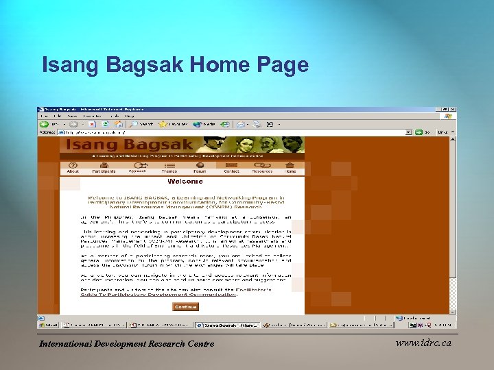 Isang Bagsak Home Page International Development Research Centre www. idrc. ca 