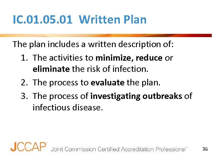 IC. 01. 05. 01 Written Plan The plan includes a written description of: 1.