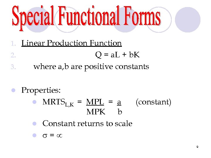 Linear Production Function 2. Q = a. L + b. K 3. where a,