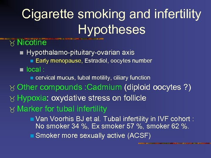 Cigarette smoking and infertility Hypotheses Nicotine n Hypothalamo-pituitary-ovarian axis n n Early menopause, Estradiol,