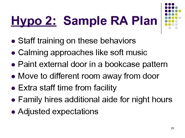 Hypo 2: Sample RA Plan l l l l Staff training on these behaviors
