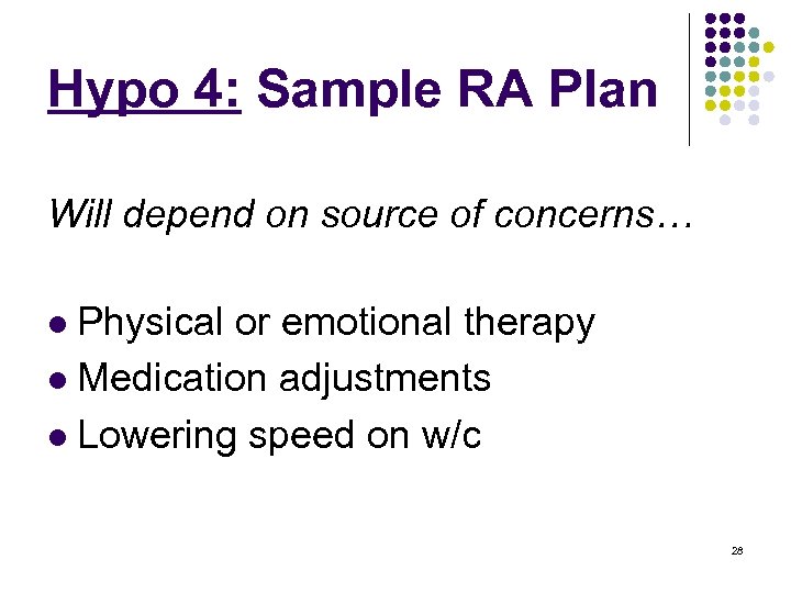 Hypo 4: Sample RA Plan Will depend on source of concerns… Physical or emotional
