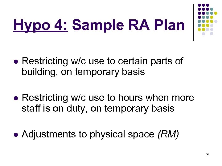 Hypo 4: Sample RA Plan l Restricting w/c use to certain parts of building,