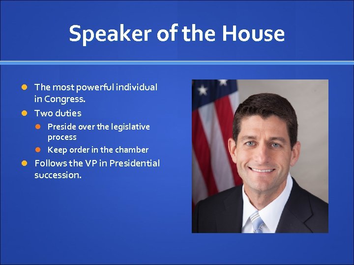 Speaker of the House The most powerful individual in Congress. Two duties Preside over
