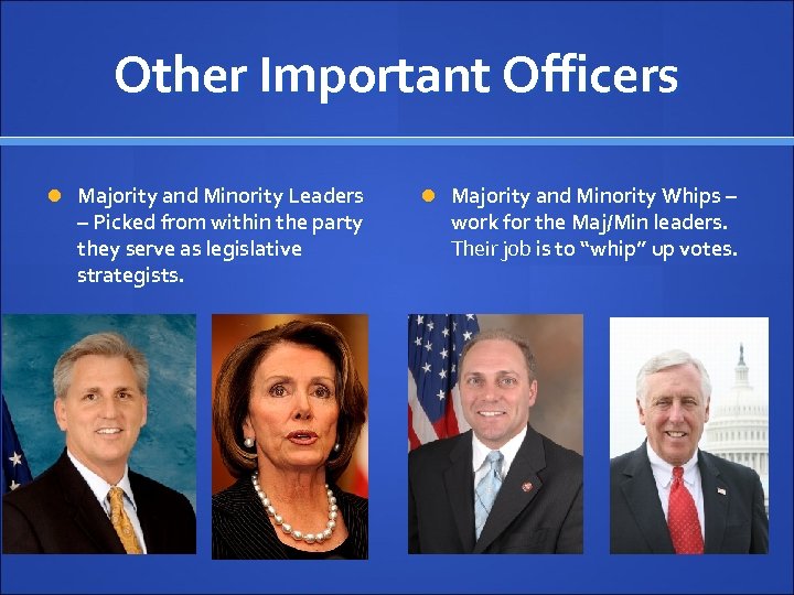 Other Important Officers Majority and Minority Leaders – Picked from within the party they