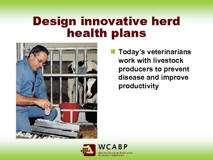 Design innovative herd health plans n Today’s veterinarians work with livestock producers to prevent