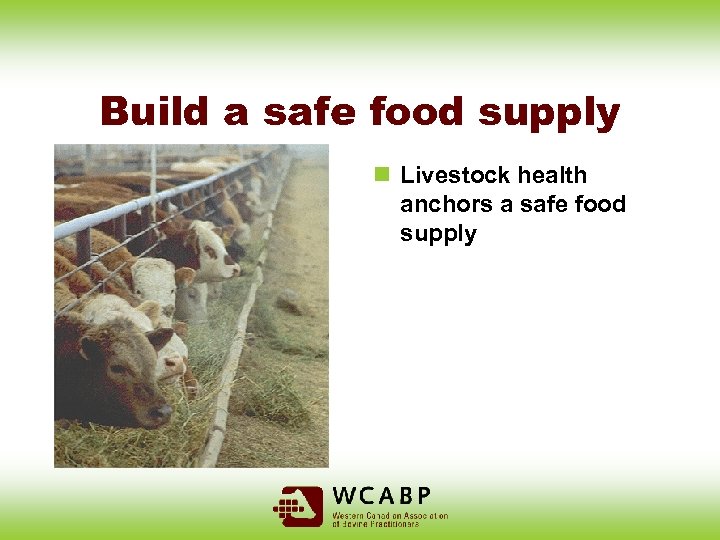 Build a safe food supply n Livestock health anchors a safe food supply 