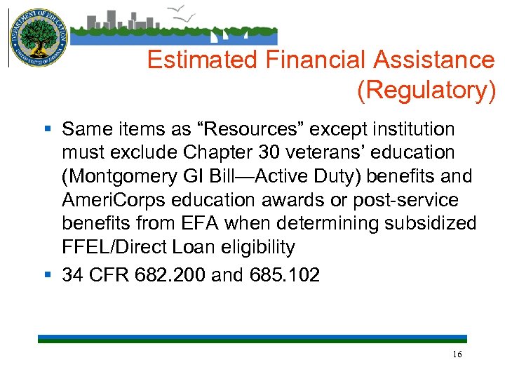 Estimated Financial Assistance (Regulatory) § Same items as “Resources” except institution must exclude Chapter