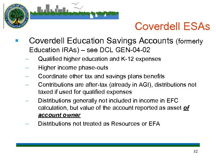 Coverdell ESAs § Coverdell Education Savings Accounts (formerly Education IRAs) – see DCL GEN-04