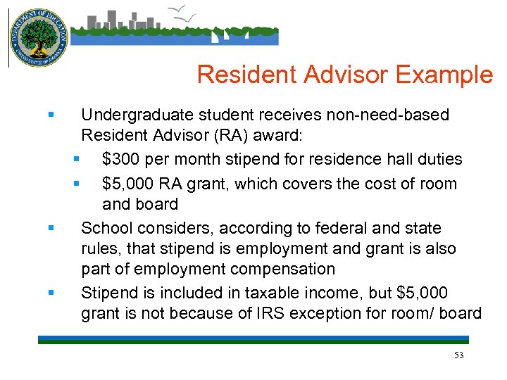 Resident Advisor Example § § § Undergraduate student receives non-need-based Resident Advisor (RA) award: