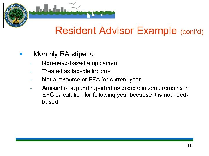 Resident Advisor Example (cont’d) § Monthly RA stipend: - Non-need-based employment Treated as taxable